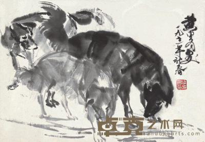黄胄 1973年作 三犬觅食图 镜心 32×46cm