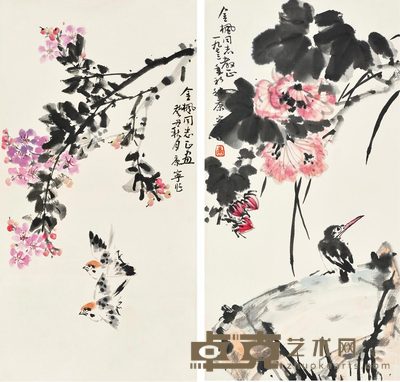 康宁 花鸟 （两帧） 镜心 65×33cm×2