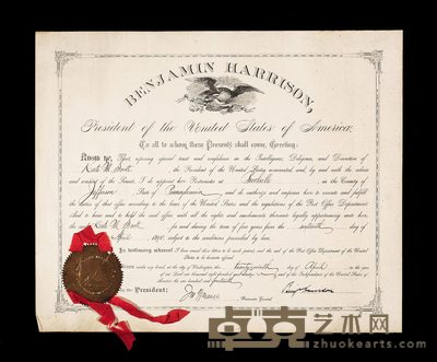 《美国总统》本杰明哈里森(Benjamin Harrison)签署总统令任命布鲁克维尔(Brookwille)为宾夕法尼亚州邮政局长 --