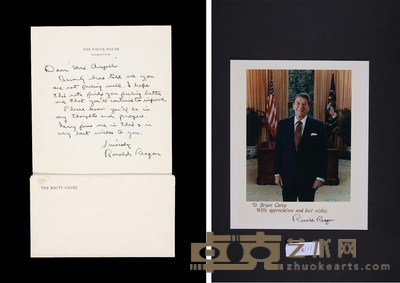 《最受欢迎的美国总统》罗纳德·威尔逊·里根（Ronald Wilson Reagan）亲笔信含白宫专用信封、签名照一件 --