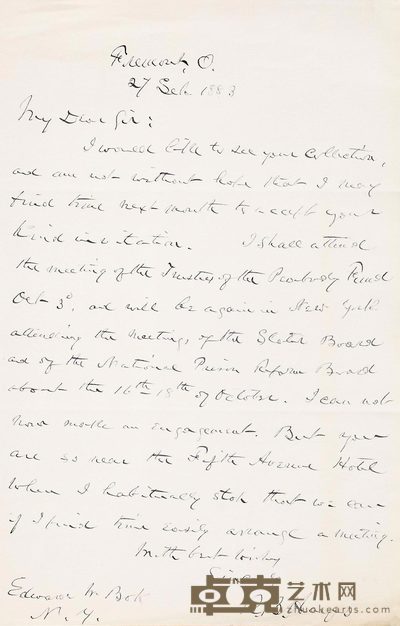 《美国总统》海斯(Rutherford Birchard Hayes)亲笔信一件 --