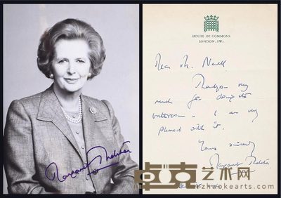 《铁娘子》玛格丽特·希尔达·撒切尔夫人（Margaret Hilda Thatcher）信札与签名照各一件 --