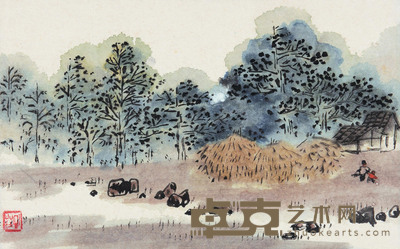 陈子庄 村舍烟岚 镜心 12.5×20cm