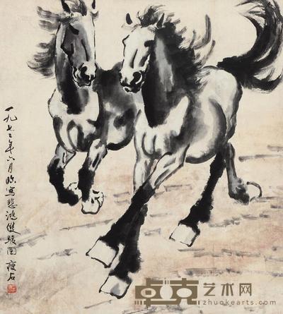 尹瘦石 双骏图 立轴 86×77cm