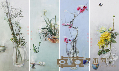 纪淑文 邱皓 邱月 梅兰竹菊 四屏镜心 77×31cm×4