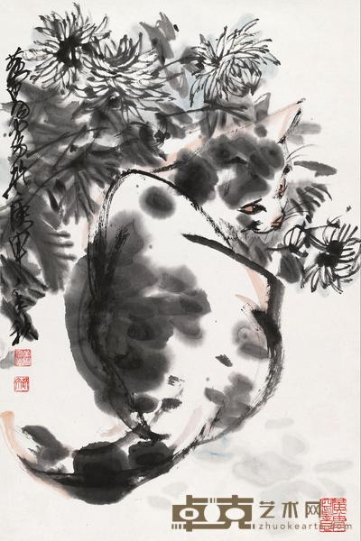 黄胄 1980年作 猫菊图 立轴 68×45cm