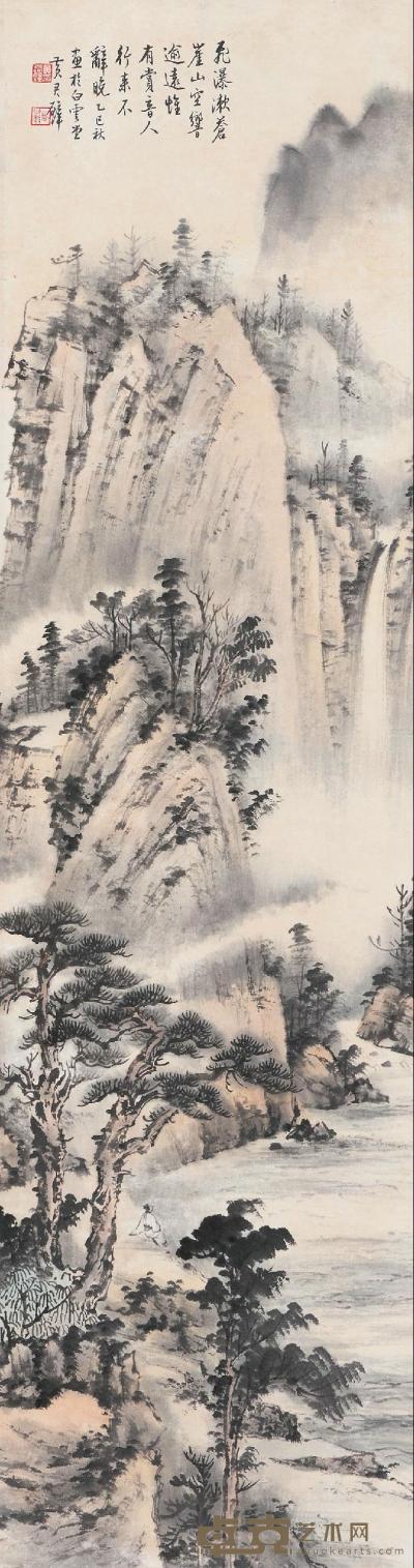 黄君璧 1965年作 空谷观瀑 立轴 104×27cm