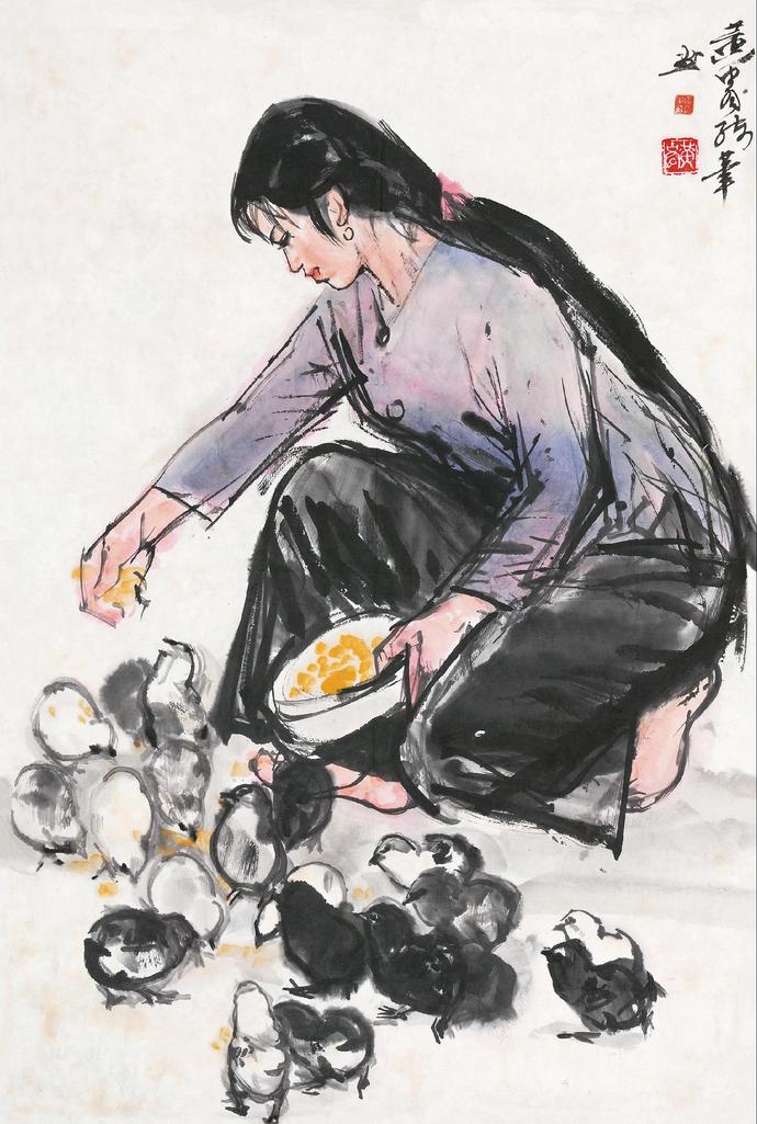 黄胄 饲鸡图 镜心