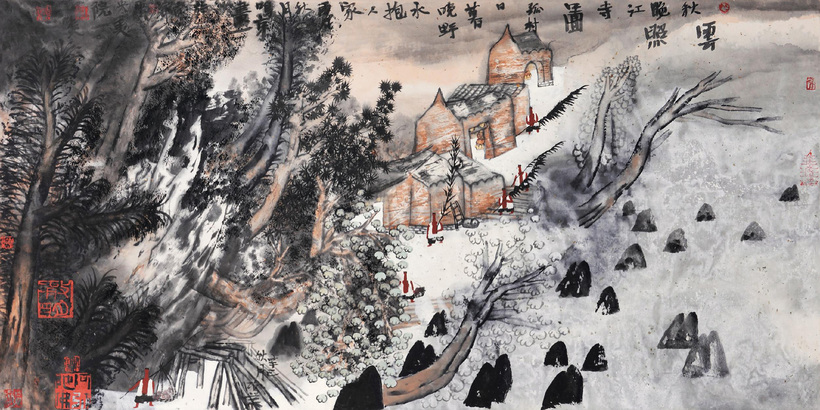 姚鸣京 2006年作 秋云晚照江寺图 镜心
