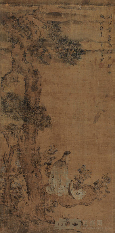 唐寅 (款) 渊明抚琴图 镜心 70×34cm