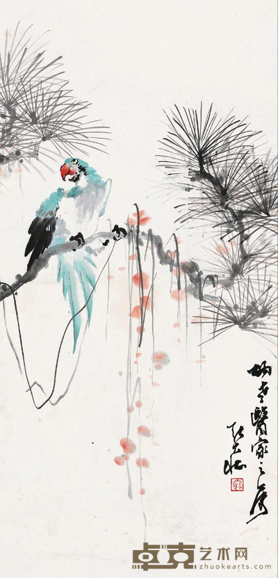 张大壮 松枝鹦鹉 立轴 64×31cm