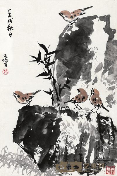 孙其峰 1982年作 竹石小鸟 立轴 68×45cm