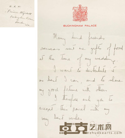 “英国女王”伊利莎白二世（Elizabeth Windsor）亲笔信 --