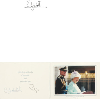 “英国女王”伊利莎白二世（Elizabeth Windsor）与菲利普亲王联合签名贺卡