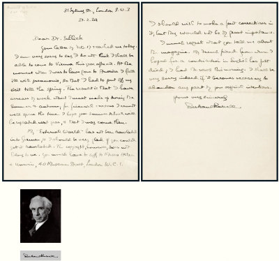 “英国著名数学家”伯特兰·罗素（Bertrand Russell）致维也纳派创始人莫里兹石里克亲笔信