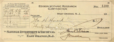 “美国最伟大的发明家”托马斯·爱迪生（Thomas Alva Edison）亲笔签名支票