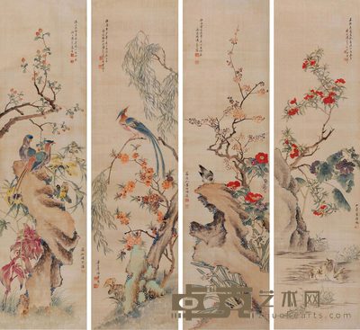 汤世澍 黄山寿 1897年作 花鸟 四屏立轴 158×40cm×4