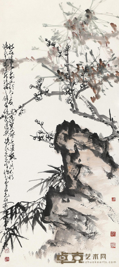 赵少昂 白雪石 等 四友图 立轴 111×48cm