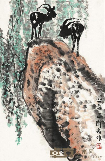 方济众 岩畔双羚 镜心 69×45cm