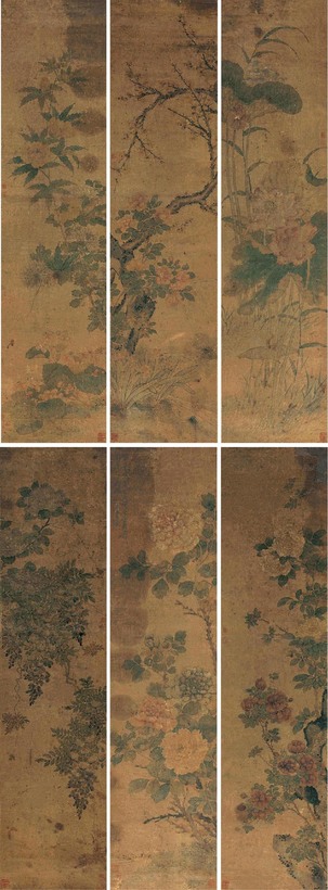 恽寿平 （款） 花卉 立轴 六屏
