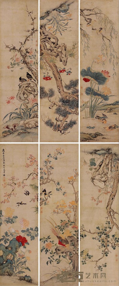 毛奇龄 花鸟 立轴 六屏 185×51cm×6