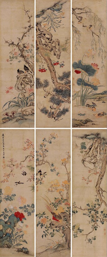 毛奇龄 花鸟 立轴 六屏
