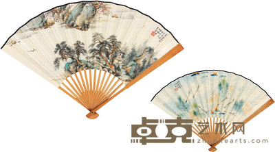 胡修凤 鱼乐图 秋溪泛舟 成扇 18×49cm