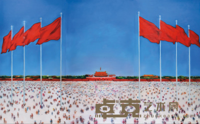 尹朝阳 2003年作  乌托邦－广场红旗(三联幅） 280×150cm×3