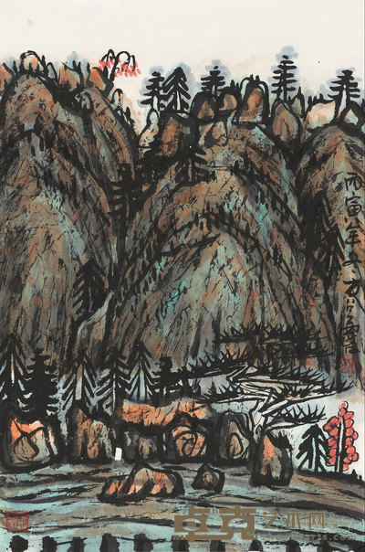 方召麟 1986年作 青绿山水 镜心 70×46cm