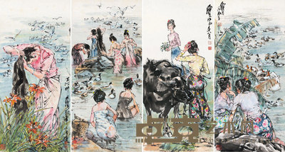 黄胄 1987年作、1988年作 澜沧江组画 镜心 95×45cm×4