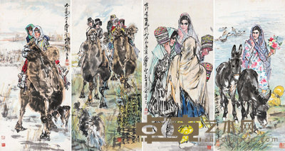 黄胄 1988年作 新疆风情组画 镱心 95×45cm×4