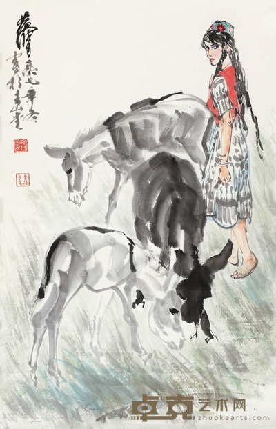 黄胄 1987年作 少女牧驴 立轴 69×45cm