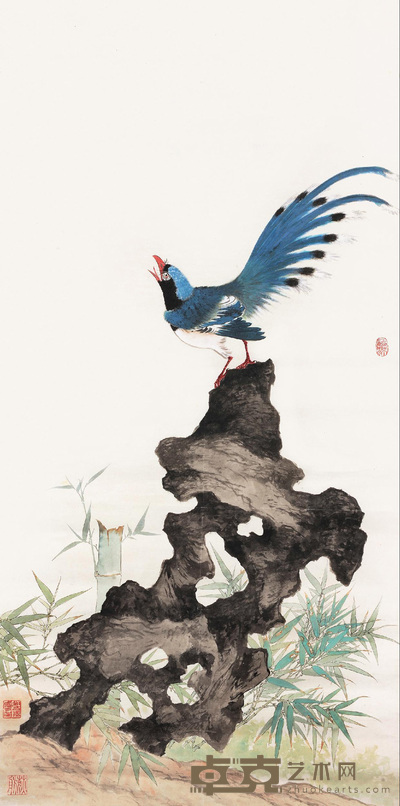 江寒汀 灵石鸣禽图 立轴 134×55cm