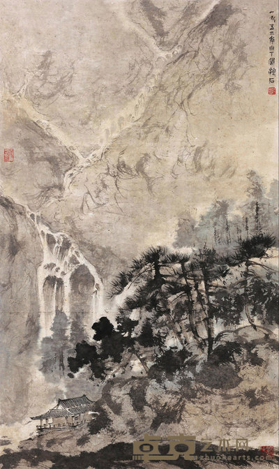 傅抱石 1953年作 溪山听瀑 镜心 99×58cm