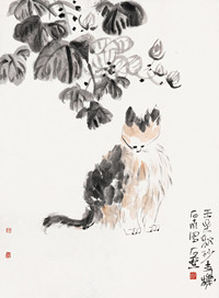 陈子庄 芙蓉小猫 镜心