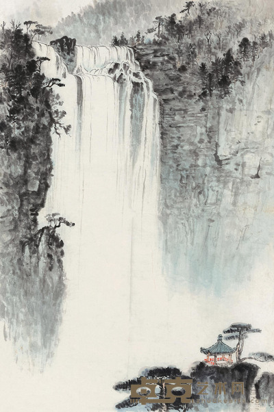 钱松嵒 松亭飞瀑 镜心 74×50cm