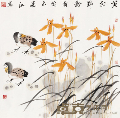 李运江 2003年作 黄花野禽图 镜心 68×68cm