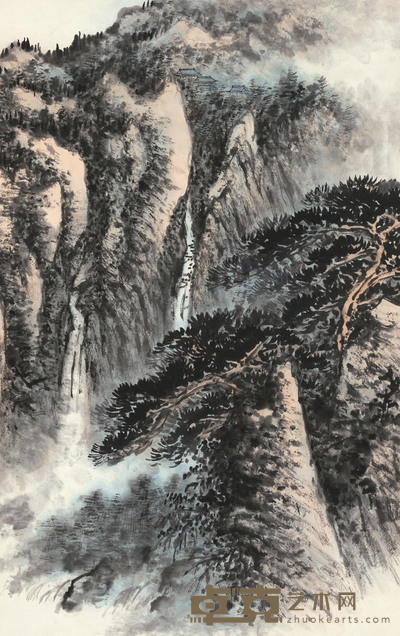 俞子才 松壑飞瀑 立轴 68×43cm