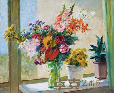 韦启美 2004年作 窗台上的瓶花 65×80cm