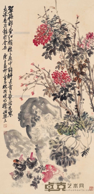 诸乐三 1960年作 花卉 立轴 136×65cm