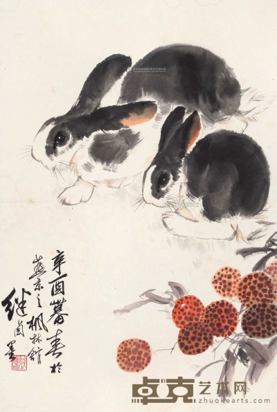 刘继卣 1981年作 双兔 立轴 67×45cm
