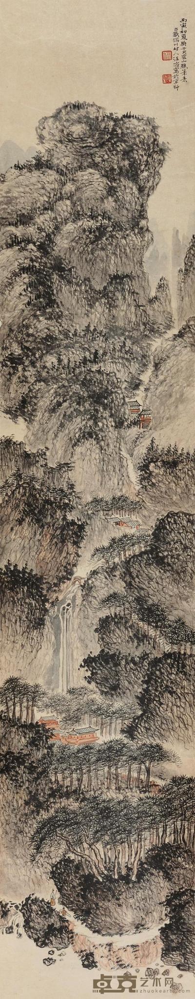 汪溶 1926年作 溪山行旅图 立轴 115×22cm