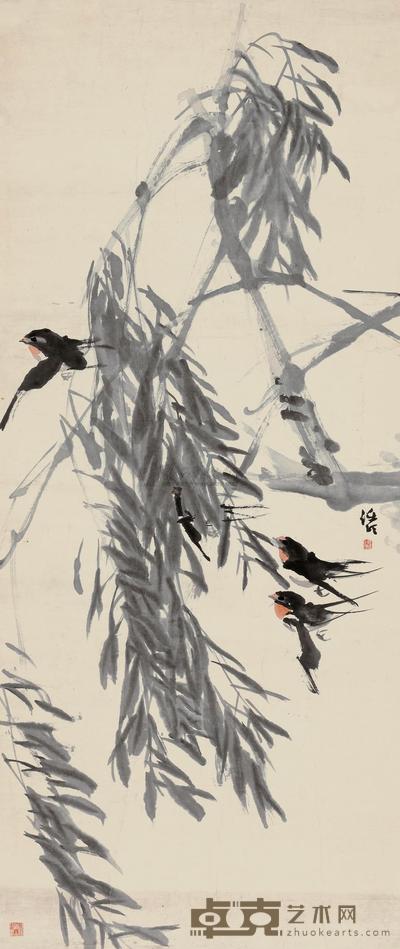 任伯年 柳雀图 镜心 105×44cm