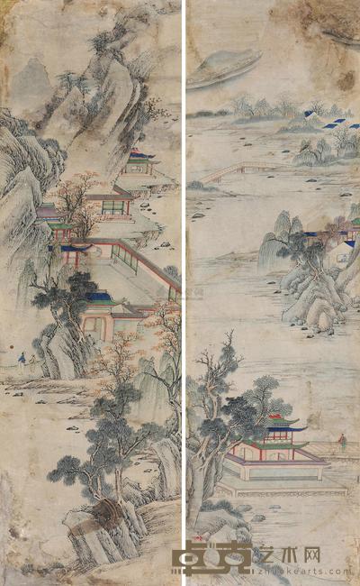 佚名 山水 （二帧） 立轴 128×38cm×2
