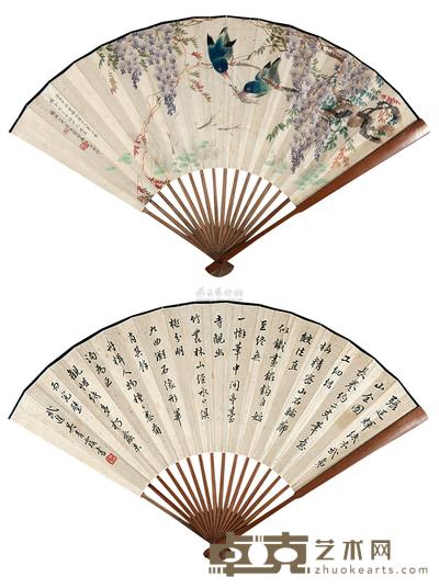 吴青霞 花鸟·书法 成扇 18×49cm