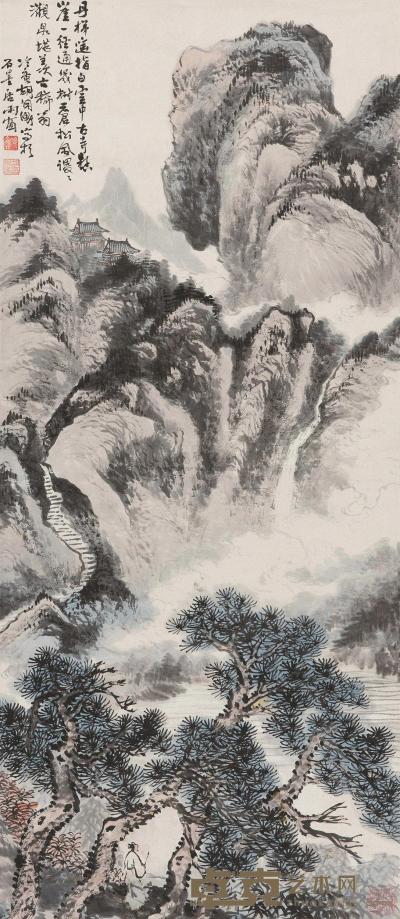 胡佩衡 林中古寺 立轴 98×42cm