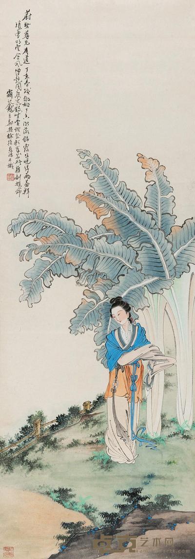 徐操 芭蕉仕女图 立轴 129×45cm