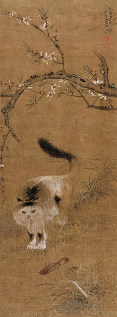 邹一桂 1747年作 桃花立猫图 立轴 98×36cm