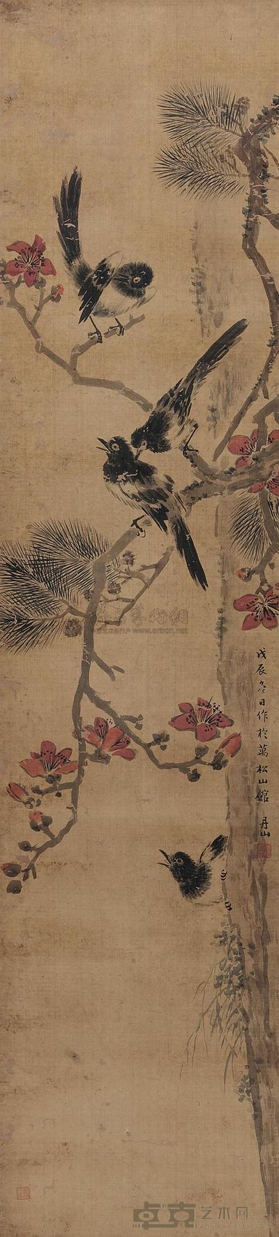 何翀 山雀红花 立轴 159×36cm