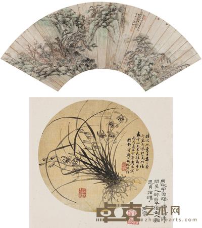 周峻 戴莹 山水 兰花 （二帧） 镜心 16×51cm；直径28cm